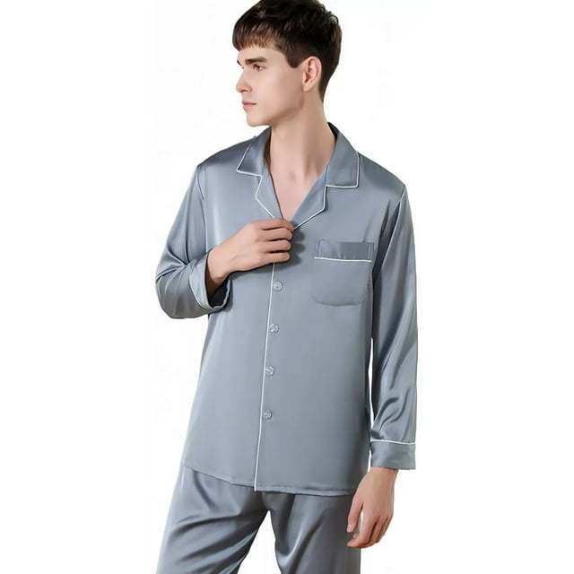 Pijamas Manga Larga Casual Solapa Satén Para Hombre Conjunto