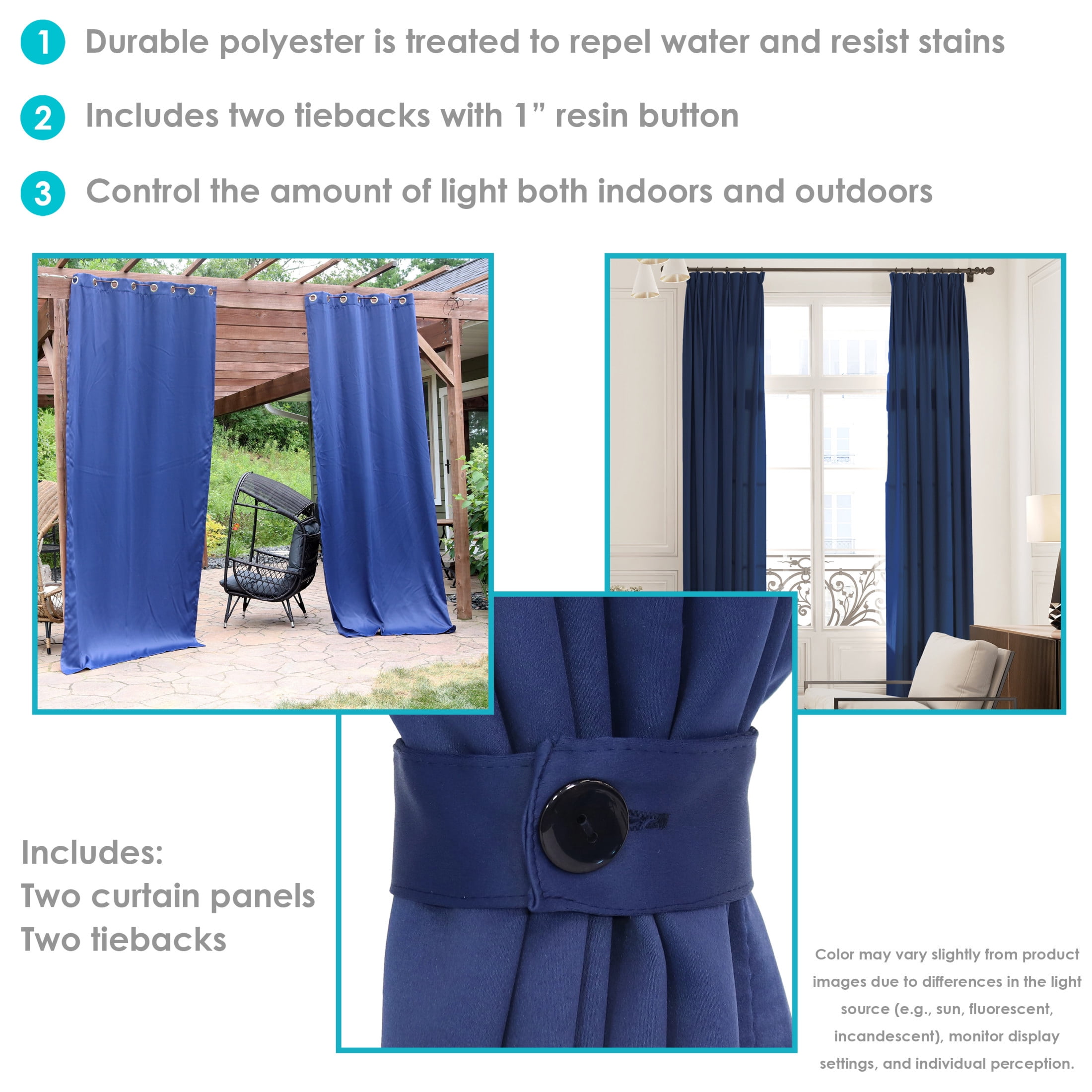 Sunnydaze Modern 2-Piece Blue Solid Indoor or Outdoor Blackout Curtain Panel Set