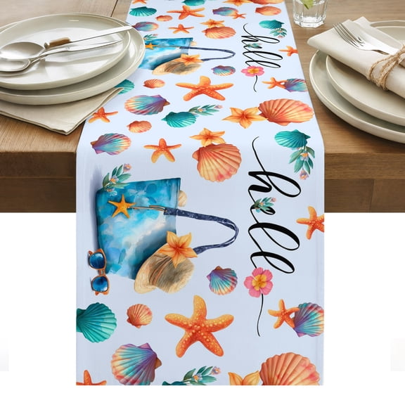 Sunmmer Beach Table Runner Nautical Starfish Shells Bags Floral Watercolor Tablerunners 13 x 90 Inch, Table Decorations Tabletop Scarf for Summer Gathering Holiday Farmhouse Kitchen Dining Decor