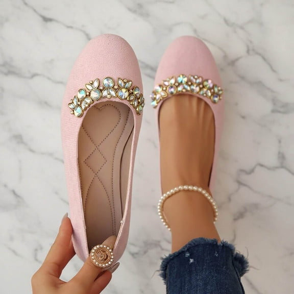 Bkhluea Women Jewel Embellished Round Toe Ballet Flats Slip On Comfortable Footwear For Office Work Party Daily Casual Use