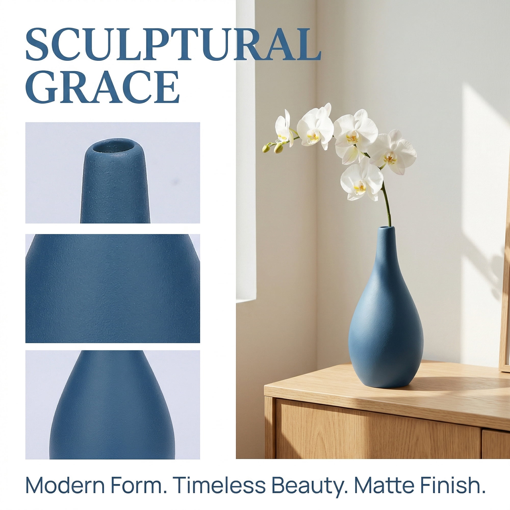 Unique Bargains Ribbed Ceramic Small Boho Decorative Vase Blue 3"L x 3"W x 6.5"H