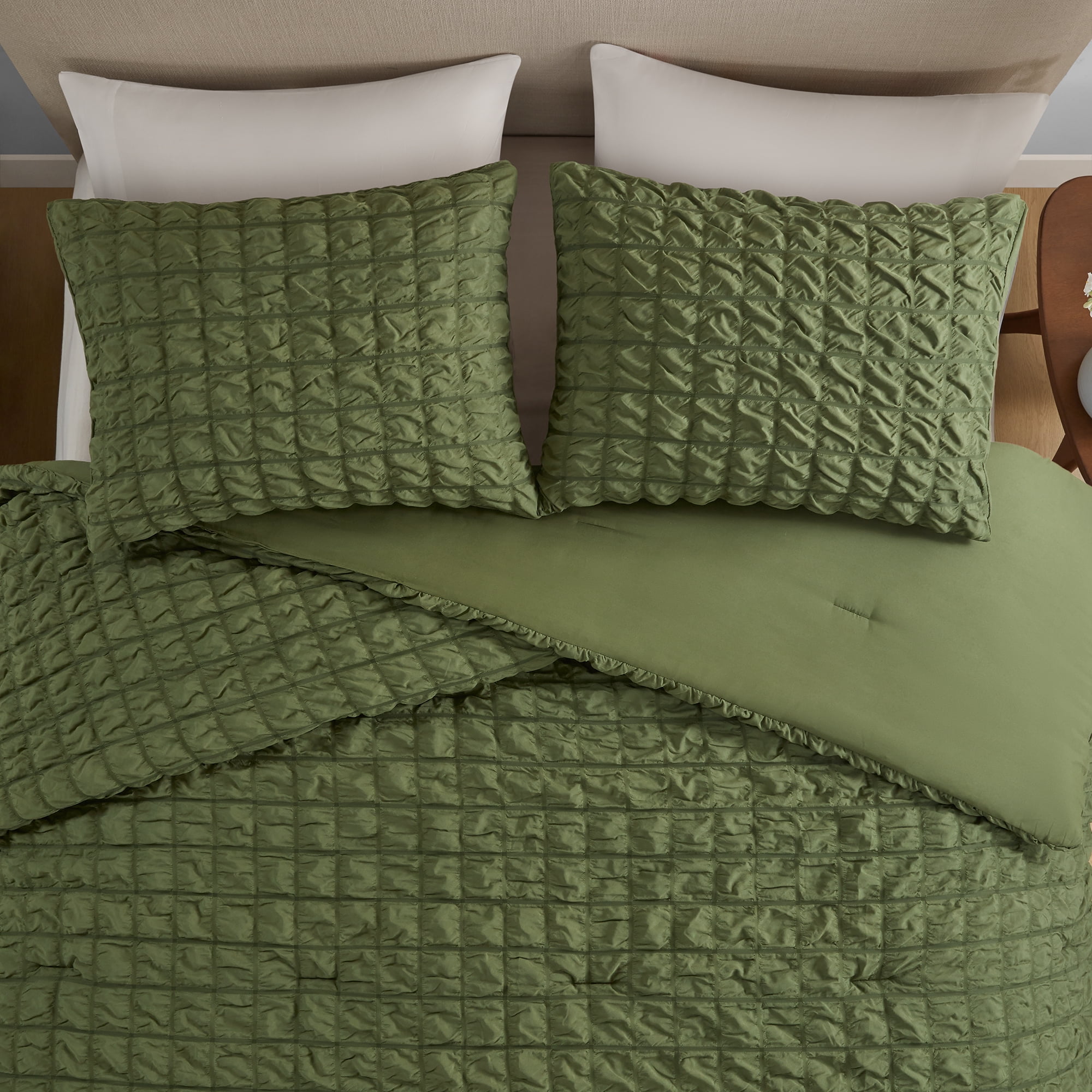 Mainstays Full/Queen Comforter Set, All-Season, 3-Piece, Green Puffy Seersucker