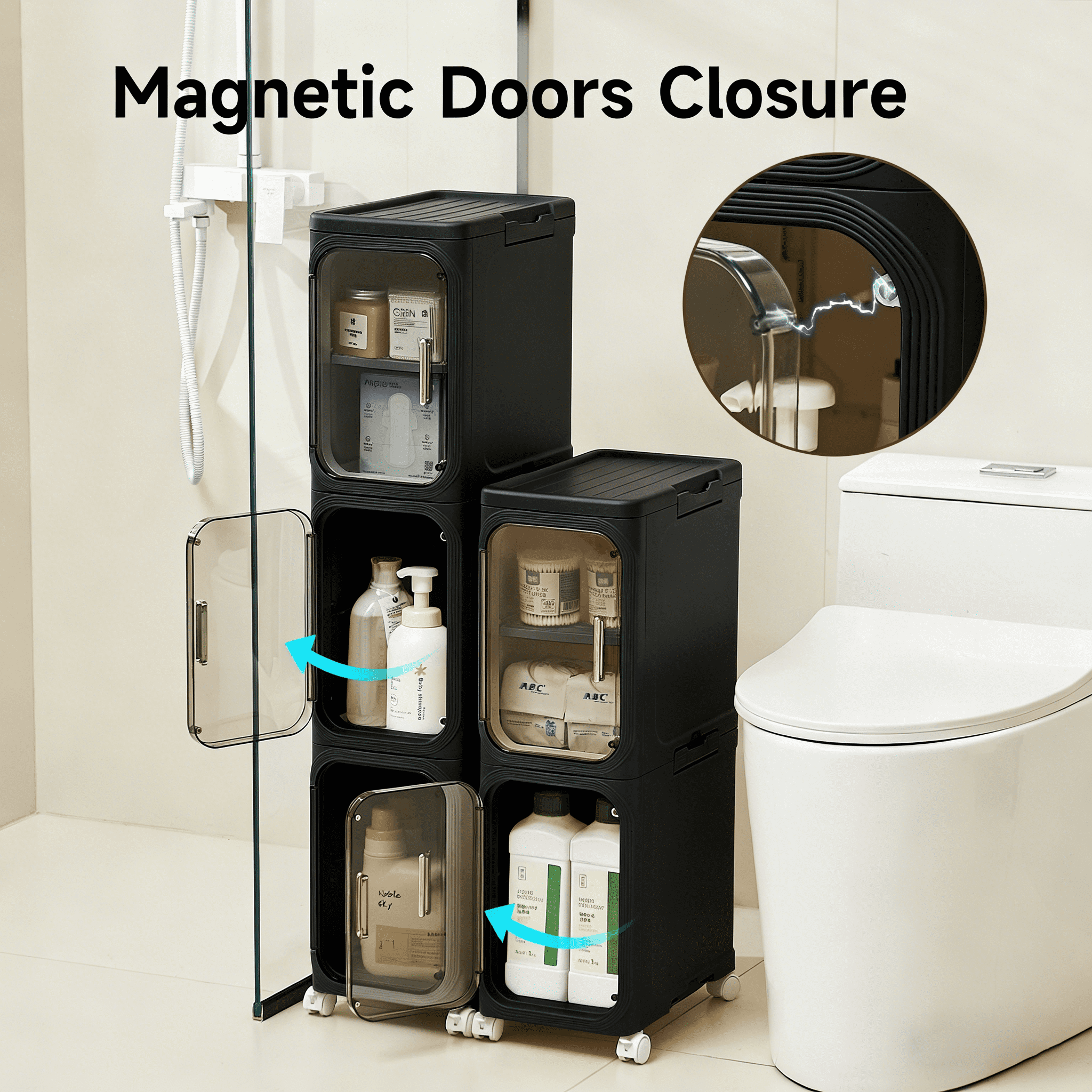 4-Tier Bathroom Storage Cabinet with Wheels, Magnetic Doors, Plastic Slim Bathroom Organizers and Storage for Small Spaces, Kitchen,Black