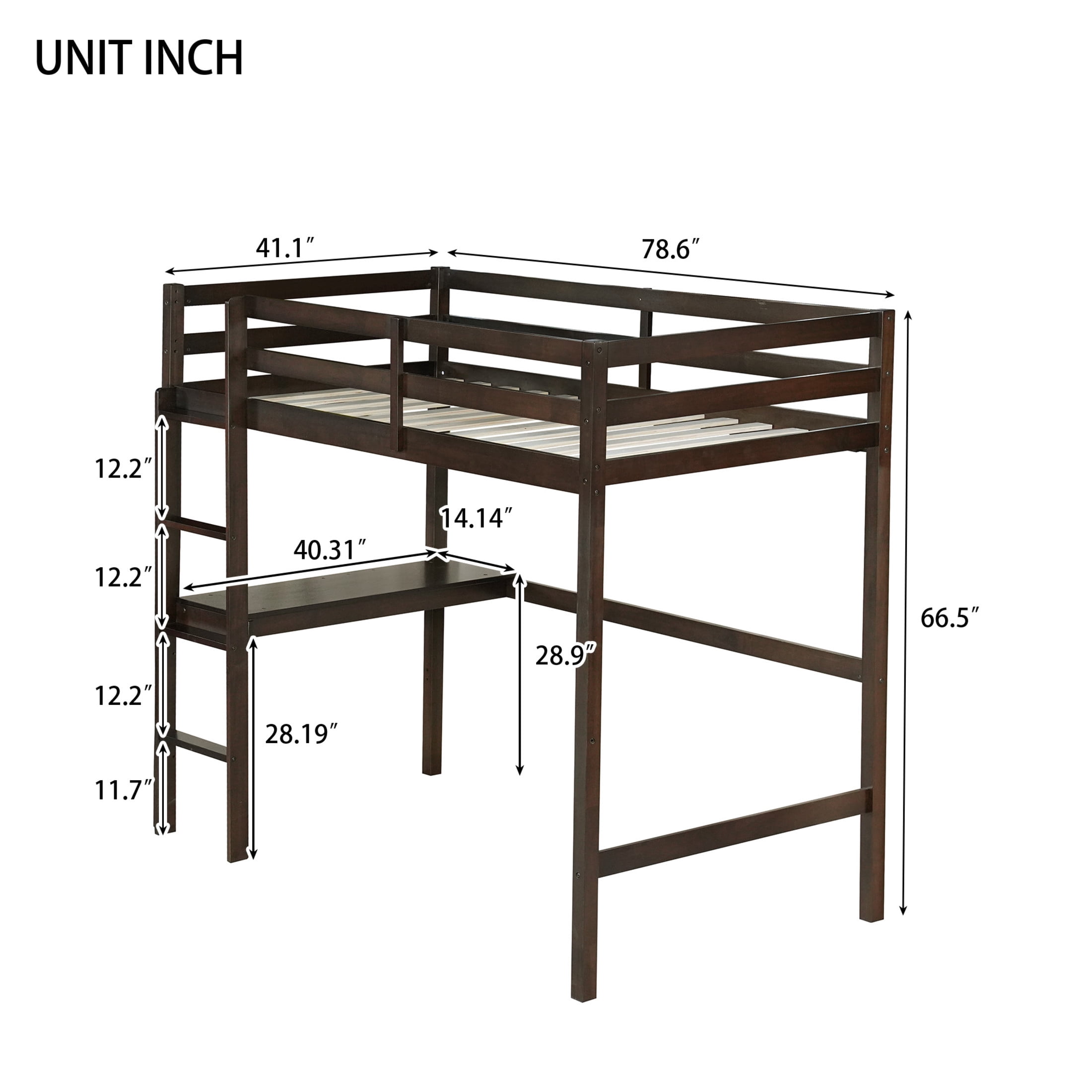 Noble House Aven Twin High Loft Bed with Built-in Desk and Ladder, Rubber Wood Loft Bed, Safety Guardrail, Espresso