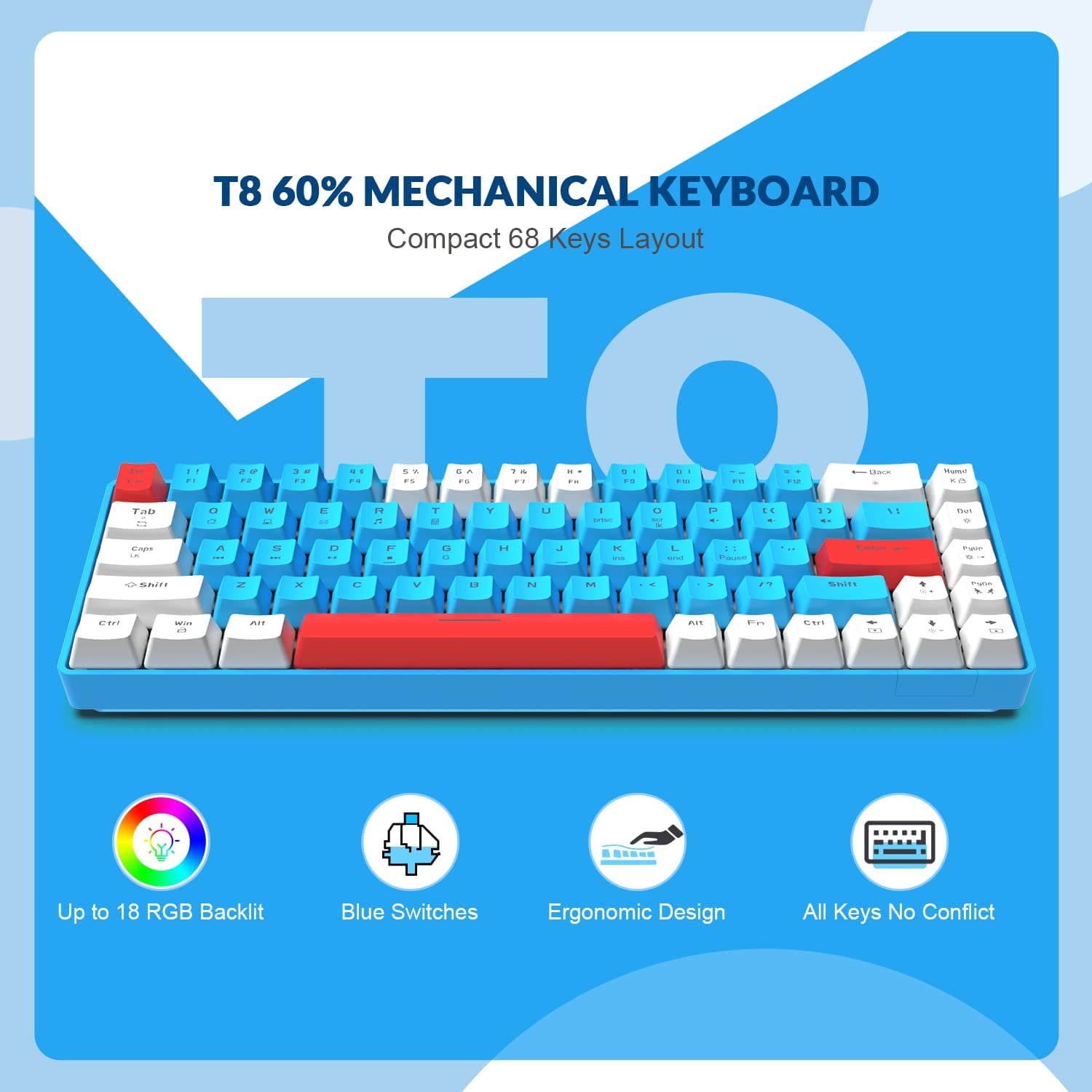 TMKB 60 Percent Keyboard,Gaming Keyboard,LED Backlit Ultra-Compact 68 Keys  Gaming Mechanical Keyboard with Separate Arrow/Control Keys, T68SE, Red Swi  for Sale in Glendale, AZ - OfferUp
