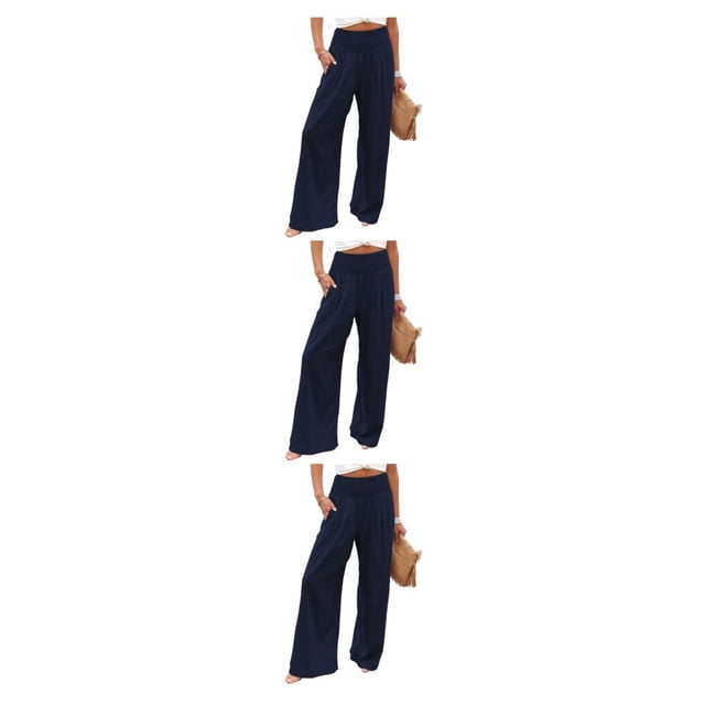 Pantalones Qarigey Verano Primavera Bolsillos Color Sólido Suelto Casual Pierna Ancha Elástico Vintage Azul Oscuro