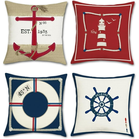 Summer Nautical Throw Pillow Covers 18 x 18 Inch Anchor Lighthouse Red Navy Blue Decorative Pillow Cases Outdoor Cushion Covers for Couch Sofa Bed Home Decor Set of 4