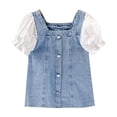 thumbnail image 2 of LYMAYTER Toddler Kids' Lace Mesh Denim Dress - Puffed Sleeves A-Line Cut Summer Square Neck‌ 2-8Y, 2 of 8