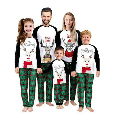 

wybzd Family Christmas Pjs Matching Sets Long Sleeve Elk Print Top and Plaid Pants Sleepwear Dad Mom Pajamas
