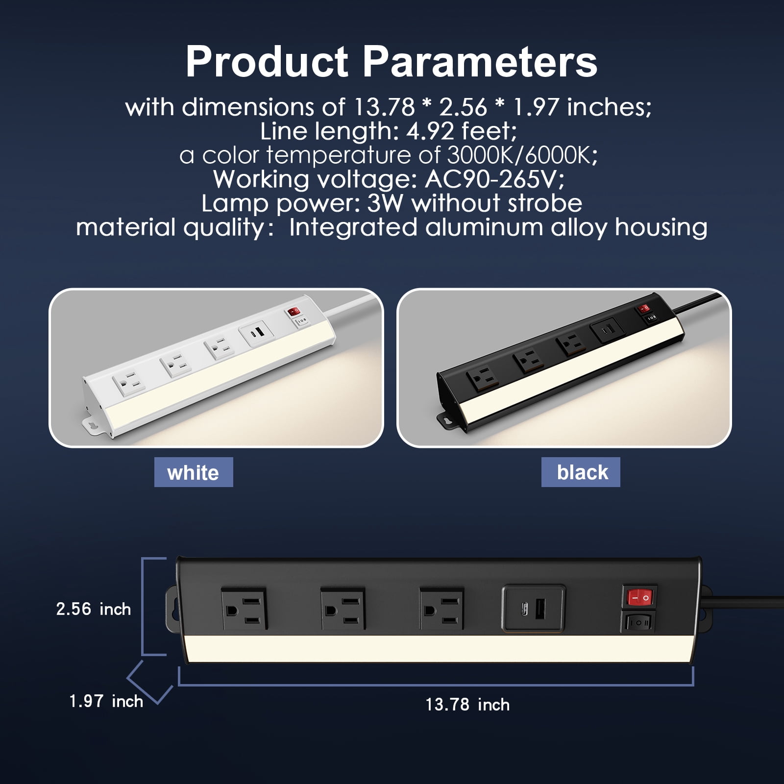 Multi-Functional Power Strip with Under Cabinet Lights Bar, 3 AC Outlets & 2 USB Ports Support USB/Type-C Fast Charging, Aluminum Shell & 2 CCT 3000K/6000K, Under Tool Cabinet Lights