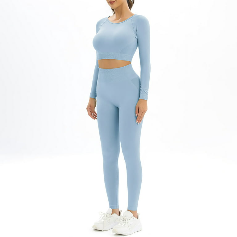 Workout Outfits for Women 2 Piece Seamless Long Sleeve Crop Tops