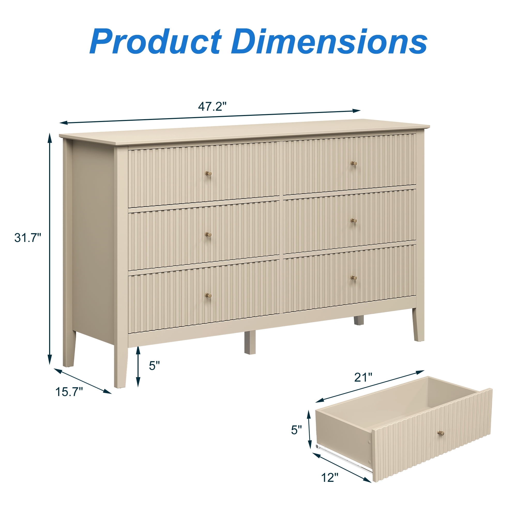May in Color Fluted 6 Drawer Dresser, Wide Modern Chest of Drawers, Large Wood Storage Cabinet Organizer for Bedroom, Living Room, Hallway, Entryway, Beige