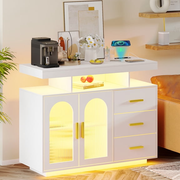 HNEBC 40" LED Buffet Cabinet with Wireless Charging Station,Auto Sensor RGB 20-Color Dimmable Sideboard with Human Body Induction,Sideboards Cabinet with 1 USB&Type-C Port and 3 Drawers