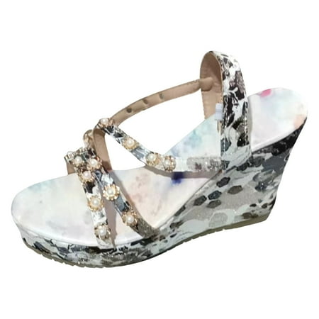 

Mnyotv Cute Shoes for Women Trendy Soft Cushion Sandals for Women Summer New Round Toe Wedge Heel Buckle Printed Pearl Color Large Size Women s Sandals Black 41