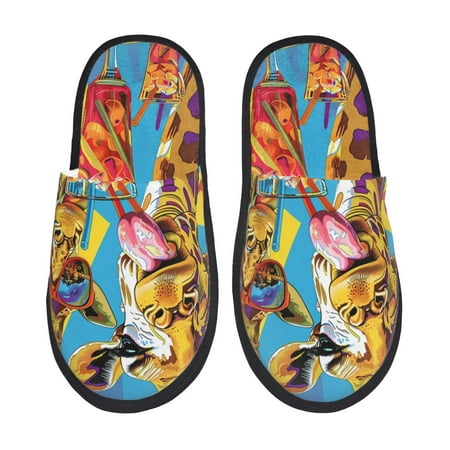 Balery Colorful Giraffes with Drinks Slient Indoor Furry Fleece Comfort House Shoes Soft Non-Slip Home Shoes Cotton slippers House Slippers-- Large