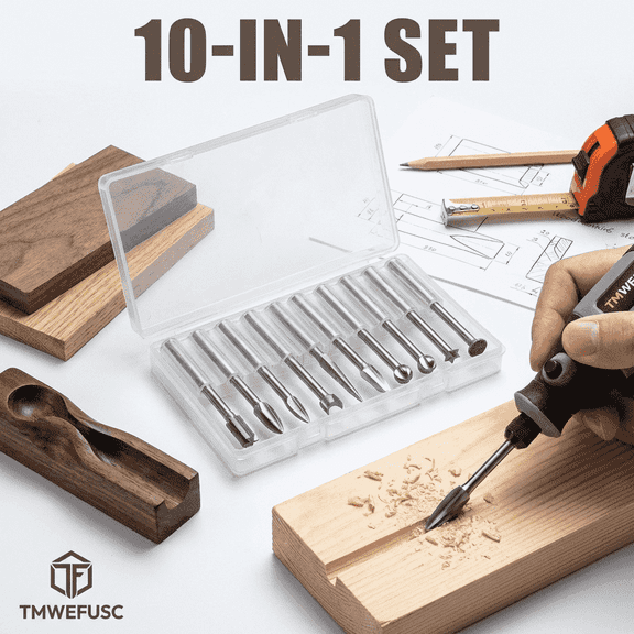 10Pcs Wood Carving Bits Set 1/8" Shank Rotary Tool White Steel Engraving Router Drill Accessories for DIY Shaping Grinding Micro Sculpture