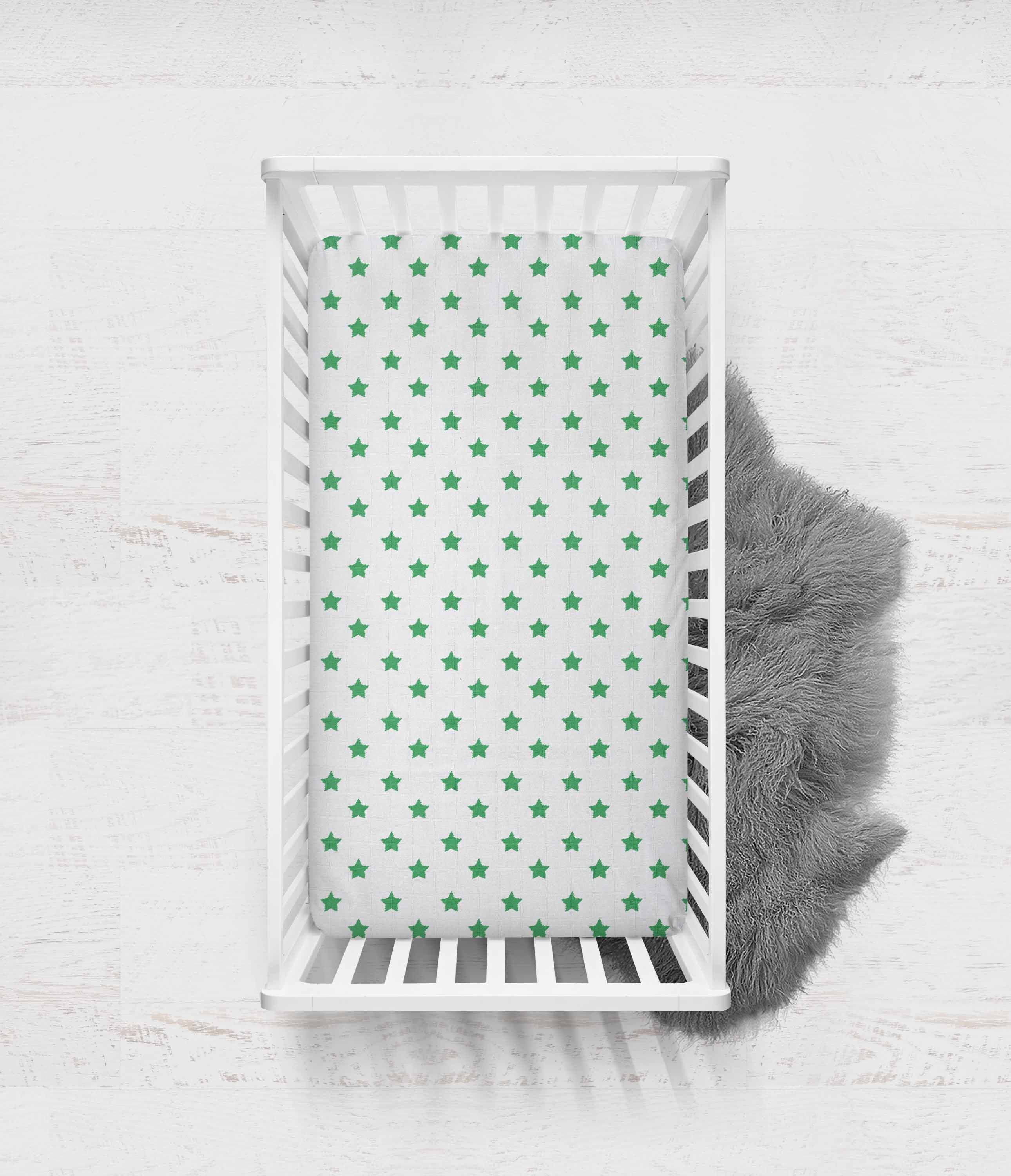 Bacati - Stars Crib/Toddler Bed Fitted Sheets 100% Cotton Muslin 2 Pack, Green