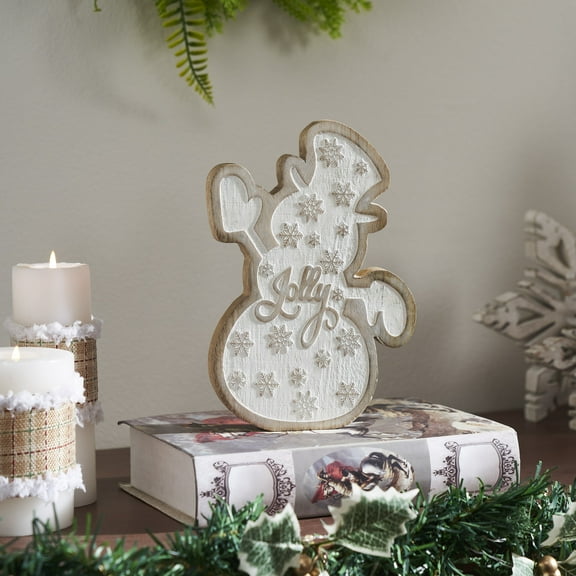 VHC Brands White Washed Jolly Natural Wooden Snowman 8x6x1