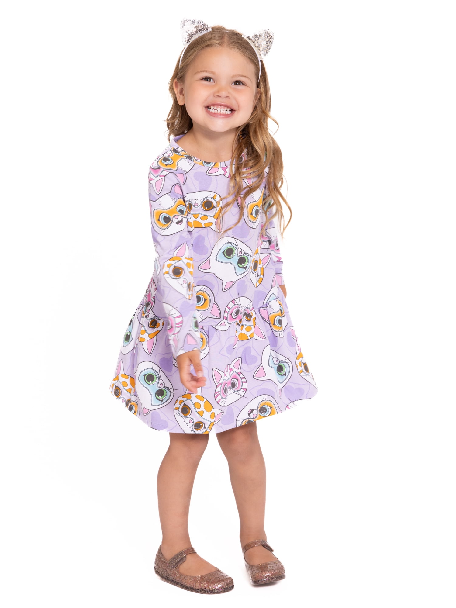 Super Kitties Toddler Girl Long Sleeve Drop Waist All Over Print Dress, Sizes 12M-5T