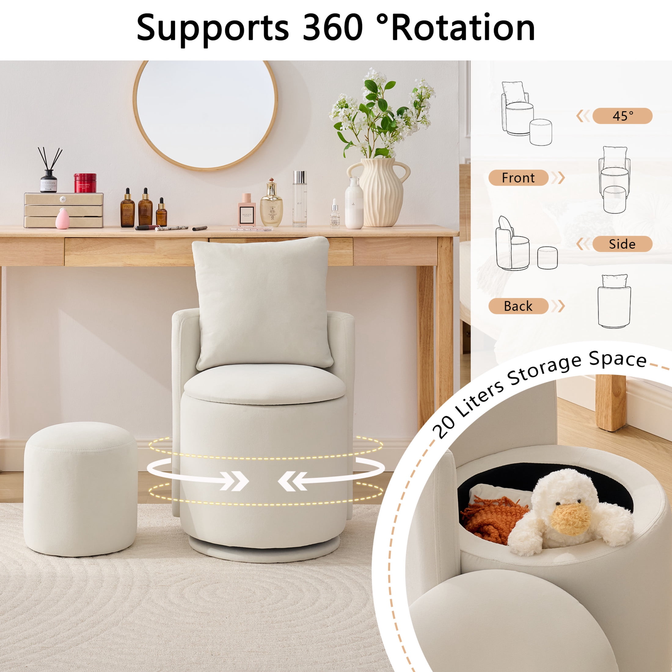 Noble House Velvet Swivel Accent Chair with Ottoman & Toss Pillow, Storage Barrel Chair, Beige