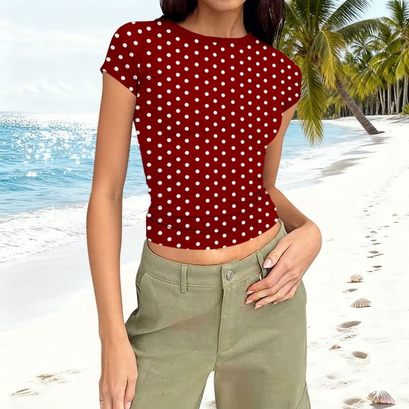 Womens Polka Dot Crop Tops Crewneck Short Sleeve T Shirts for Women Stretchy Bodycon Tee Summer Casual Trendy Blouses Tops