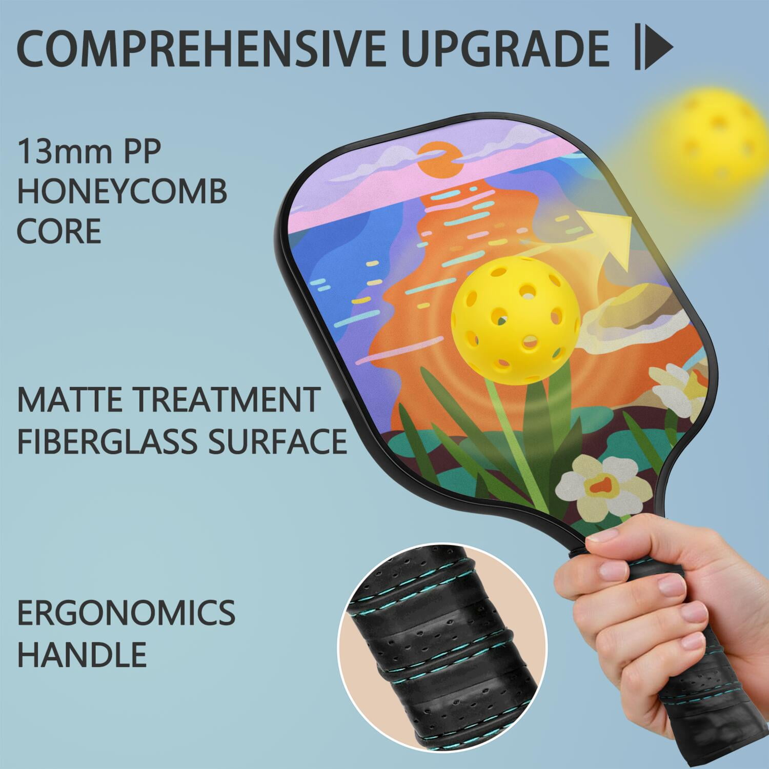 Pickleball Paddles Set Of 2, Fiberglass Surface, Vintage Floral Print, 4 Balls & Bag