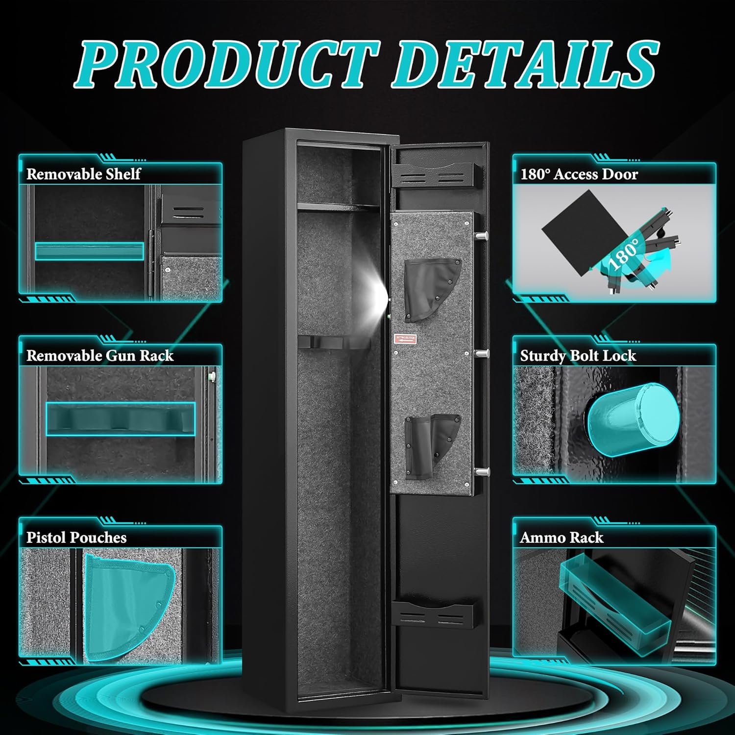 2-3 rifle and pistol safes, 180° quick-access digital gun cabinet (suitable for rifles and shotguns), modular gun cabinet with alarm system and silent mode.