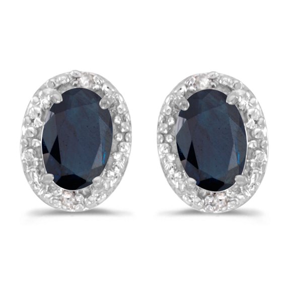14k White Gold Oval Sapphire And Diamond Earrings