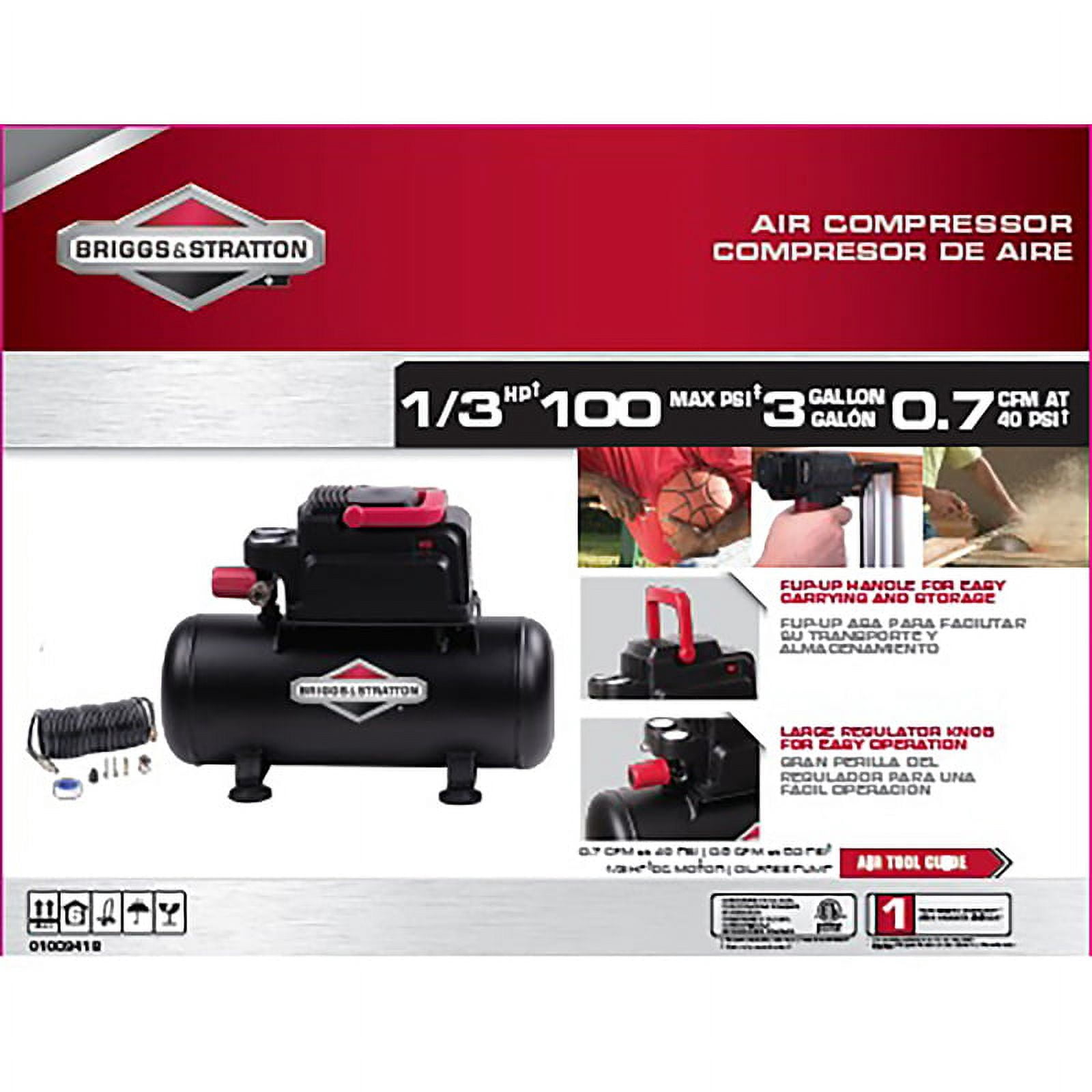 Briggs & Stratton 1000985 100 PSI 0.3 HP 3 gal Horizontal Portable Air Compressor Kit, Black