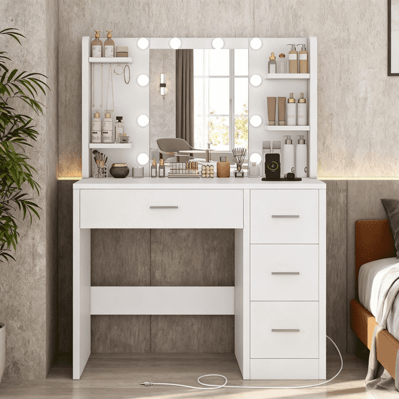 Makeup Vanity Desk with Mirror & Lights, Vanity Desk with 4 Drawers & 4 Shelves & 5 Hooks, Vanity Table with Power Outlet, 3 Color Modes & Adjustable Brightness Dressing Table, Bedroom