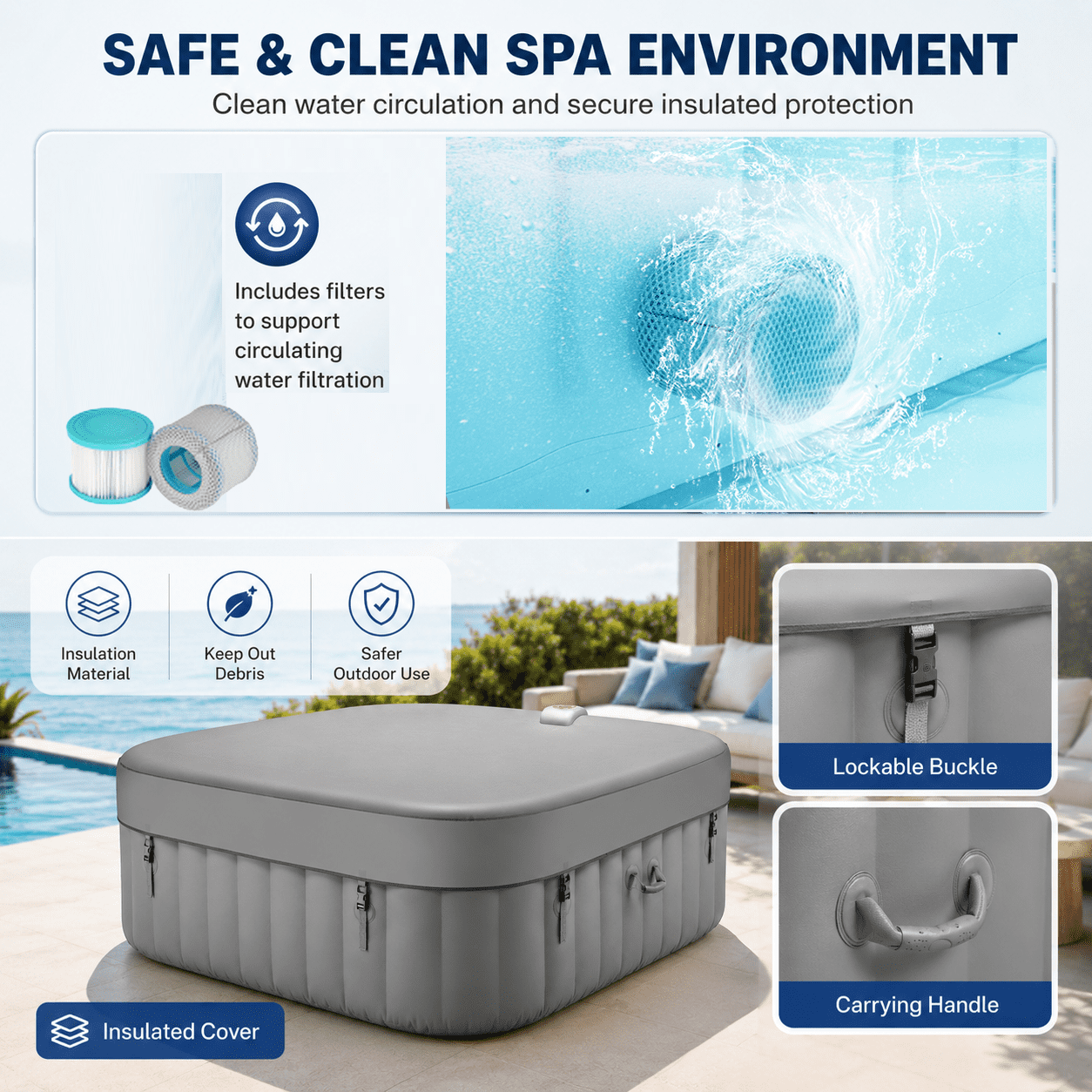 73''Inflatable Hot Tub, Outdoor Hot Tub for 6 Person Indoor Home Spa with Hidden Machine, 130 Massage Jets, Lockable Cover, Storage Bag, 4 Filters, 2 Cup Holders, Max 104℉, 910L Capacity