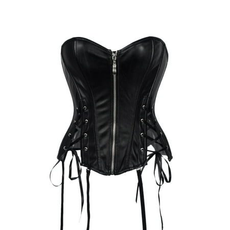 SAYFUT Fashion Women's Bustier Steampunk Faux Leather Overbust Corset Tops Zipper Lingerie Black