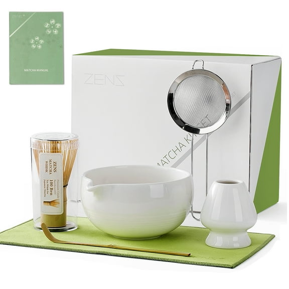 ZENS Matcha Whisk Set, 6pcs Matcha Kit Includes Ceramic Bowl, Handcrafted Bamboo Whisk and Chasen Holder, Scoop, 304 Sifter & Tea Mat