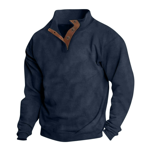 Blusa y camisa de manga larga con cuello alto para hombre, estilo casual, con retazos, color liso, blusa de manga larga con cuello alto y botones para hombre.