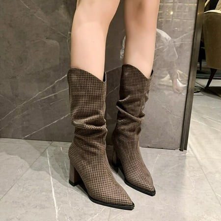 

Women Mid Calf Boots Autumn And Winter Fashion Pointed Toe Solid Color Comfortable Square Heel Heel