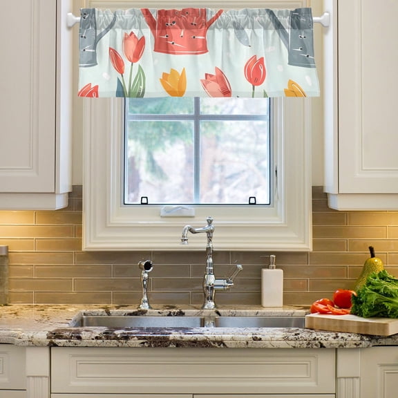 Flowers Watering Cans with Tulips Curtain Valances Farmhouse Design Window Treatment Decor Blackout Rod Pocket for Windows Living Room Kitchen 54" x 18"