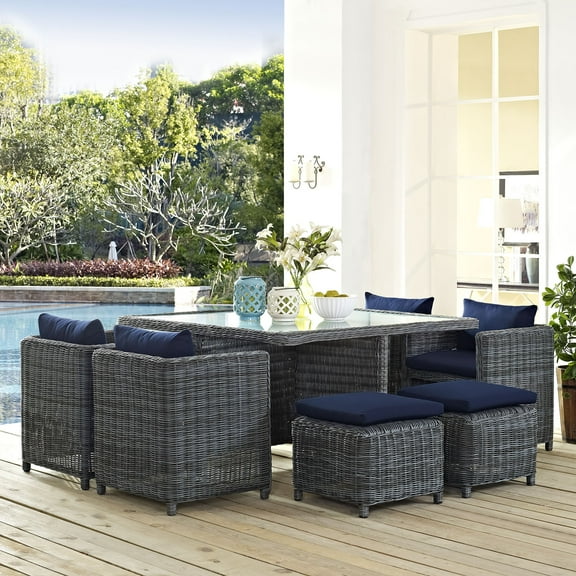 Modway Summon 9-Piece Aluminum and Rattan Patio Dining Set in Canvas/Navy