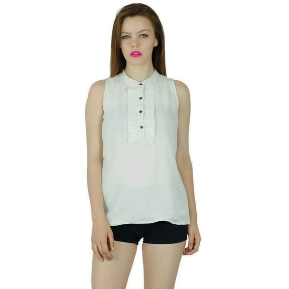Bimba Women Sheer Georgette custom Short Top Chinese Collar White Blouse