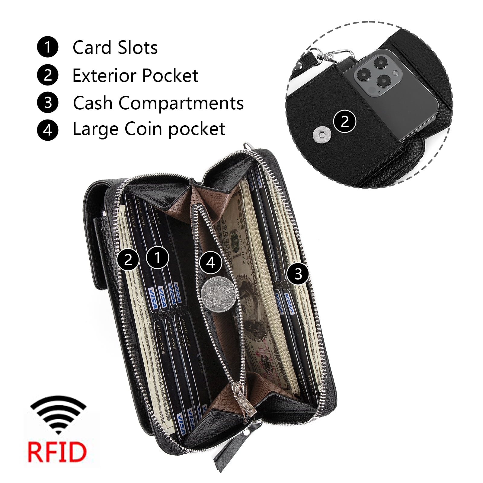 Pearl Angeli Women's Leather Mobile Phone Crossbody Cell Phone Bag RFID (Black)
