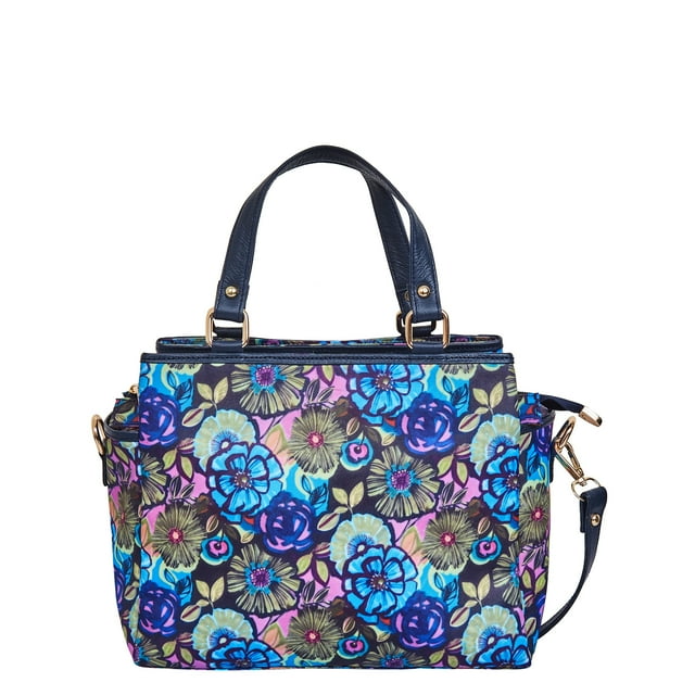 Sishka Women’s Hand Crafted Printed Nylon & Leather Multi-Compartment Satchel – Elegant Bag with Top Handle & Shoulder Strap