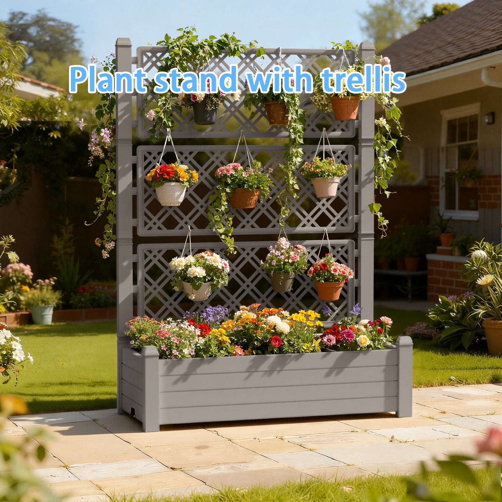 MAYEERTY Freestanding Raised Garden Bed with Trellis, Built-In Water Storage Planter for Climbing Plants Vegetables Flowers Garden Yard