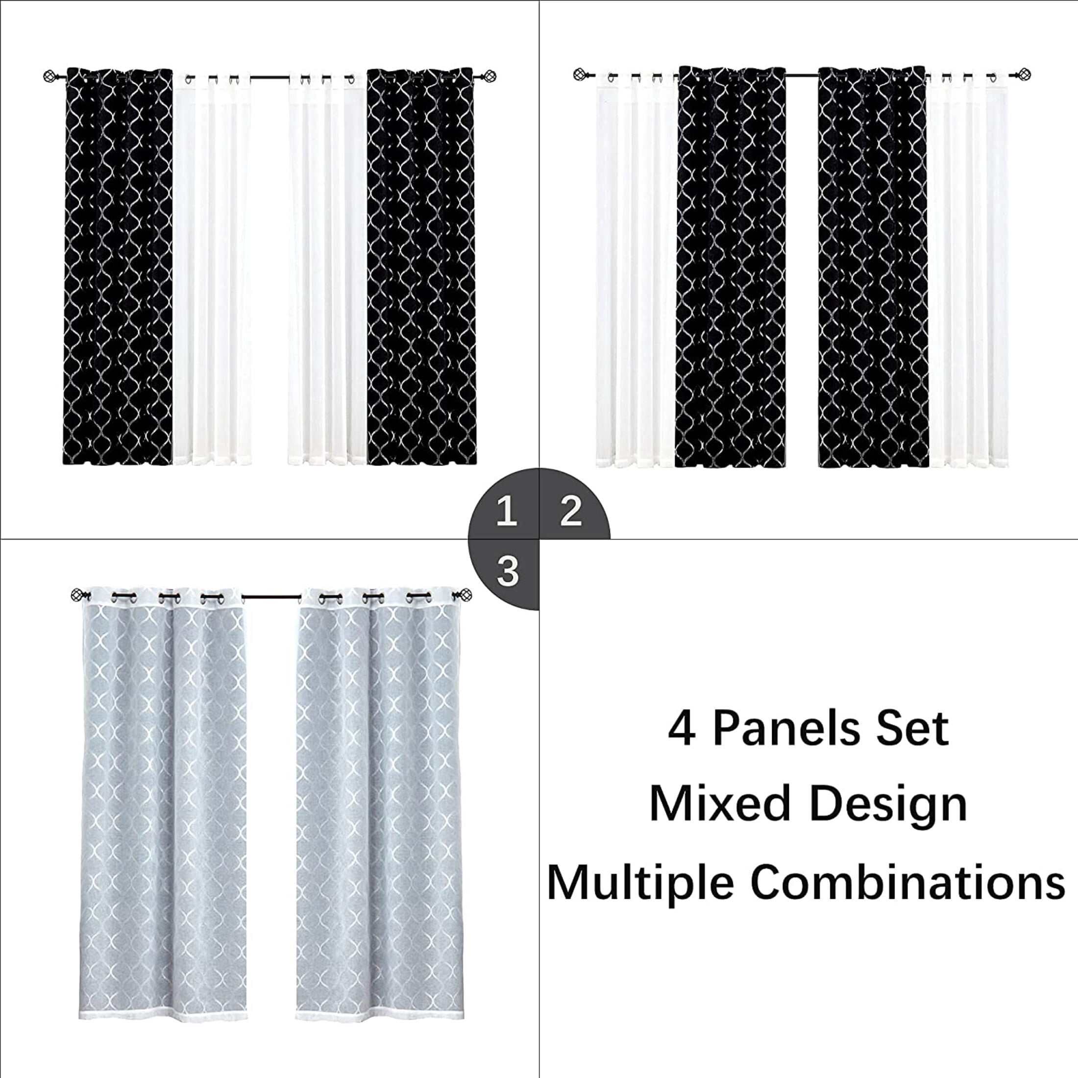 Pinewave Black and Silver Mix Window Curtain Set with Moroccan Blackout Drapes and White Sheers, Grommet Top, 52"W x 63"L (4-Pack)