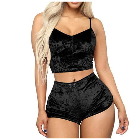 

MIARHB Camisole Top Womens Outfit Pieces Sleeveless 2 + Romper Velvet Shorts Crop Women Suits Sets Tartan Plaid Pajamas Pajamas Short Set for Women Womens Pajama Set Shorts Pajamas