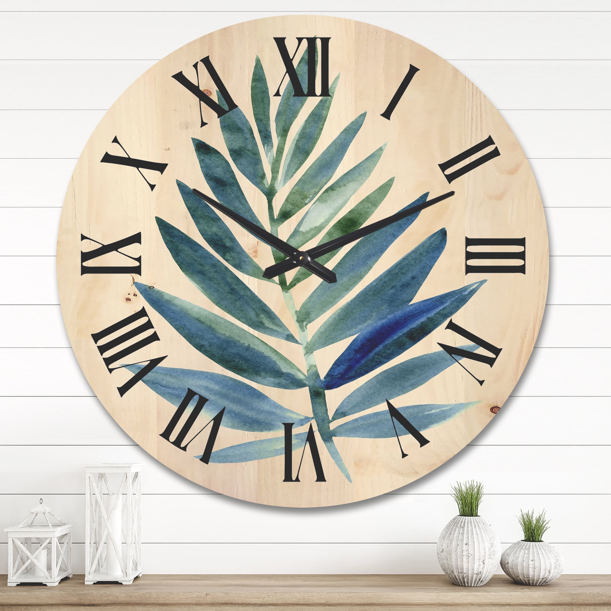 Designart 'Tropical Green Leaf On White' Farmhouse Wood Wall Clock