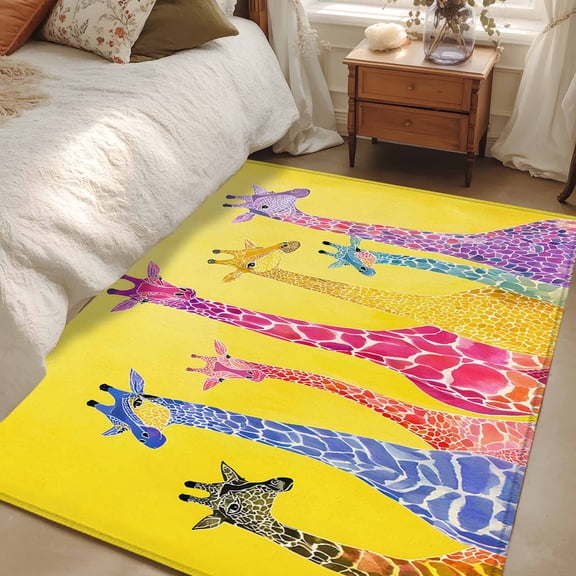 Area Rug for Living Room, Colorful Giraffe Non-Slip Indoor Large Carpet for Bedroom/Dining Room, Watercolor Cute Cartoon Yellow Washable Low-Profile Rectangle Floor Mat Runner Rugs - 2.7 x 5 Ft