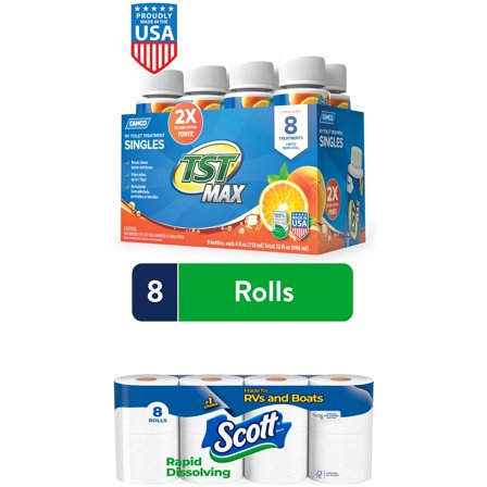 Scott Rapid-Dissolving Toilet Paper (8 Double Rolls)   Camco TST MAX RV Toilet Treatment Singles, Orange (8 × 4 oz Bottles)
