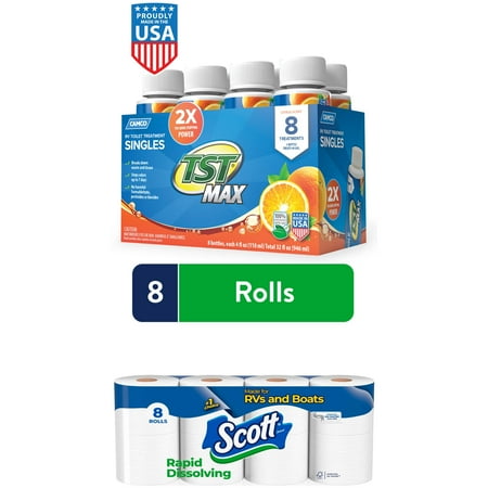Scott Rapid-Dissolving Toilet Paper (8 Double Rolls) + Camco TST MAX RV Toilet Treatment Singles, Orange (8 × 4 oz Bottles)