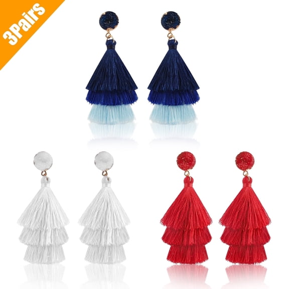 EEEkit 3pair Colorful Layered Tassel Earrings, Bohemian Statement Tiered Tassel Big Dangle Drop Earrings for Women, Druzy Studs Gift for Women,  Valentines Day Gift