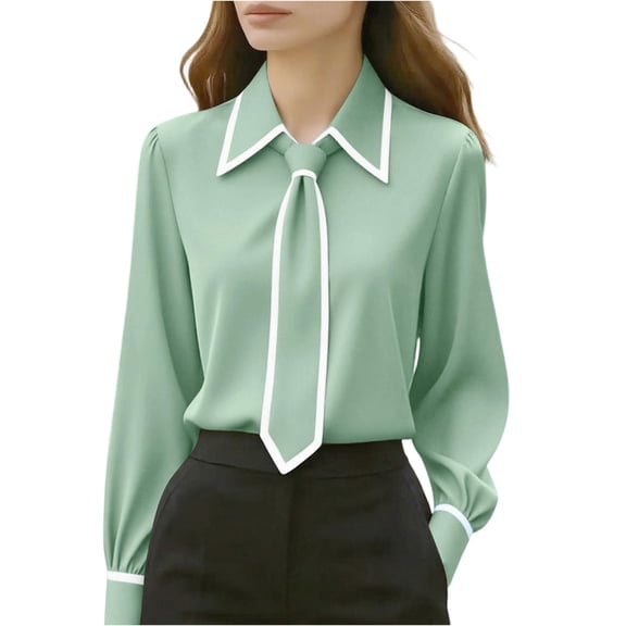 Women's Elegant Tie Office Shirts Long Sleeve Dressy Loose Lapel Blouse Color Block Business Casual Tops Light Green XL