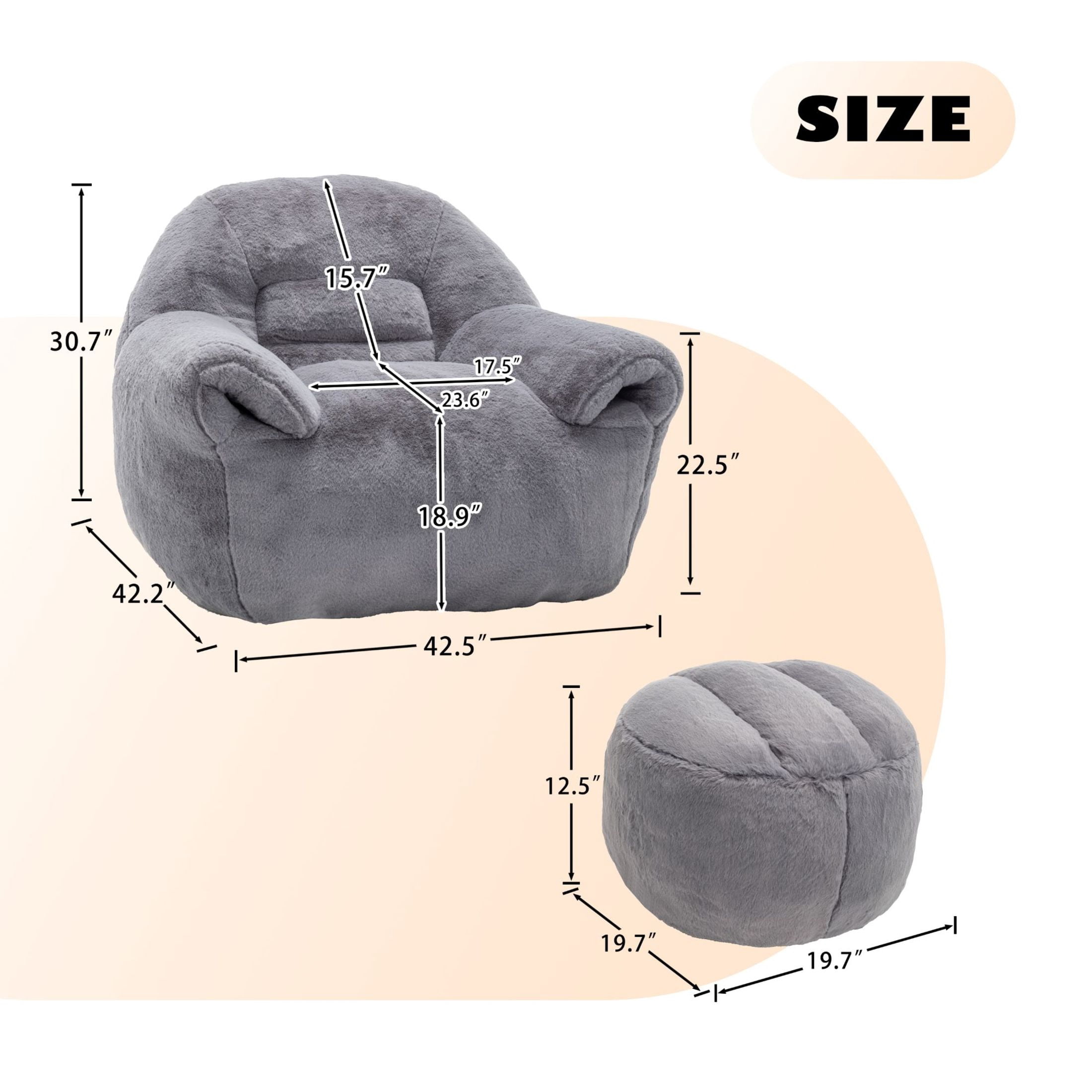 Noble House Elijah Faux Fur Bean Bag Chair with Ottoman Set, Comfy Stuffed Floor Lounge Sofa with Back Support, Dark Gray